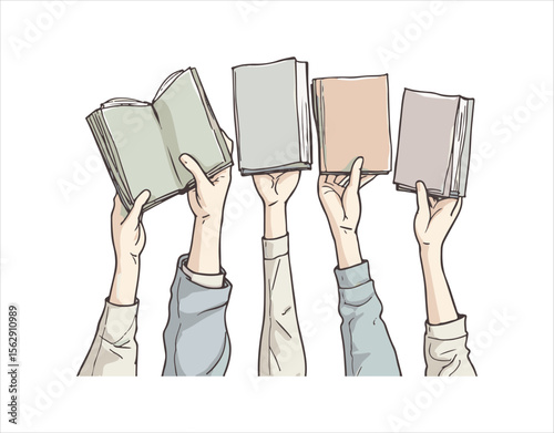 A group of hands lifted up, each holding a book. Done in a single line drawing style. It symbolizes reading and education. Hand-drawn vector art.