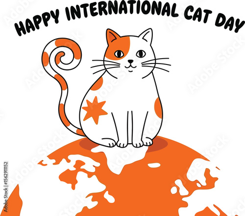 A cartoon cat sits on a globe for international cat day celebration