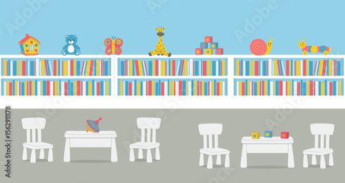 Playroom Interior. Library Indoor. Kindergarten. Kids' Room in Blue Color. Cabinets with Books and Toys. Furniture for Children: Two Tables, Four Chairs. Vector Illustration