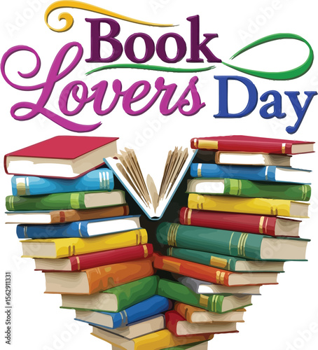 Book lovers day graphic with heart shaped stack of colorful books