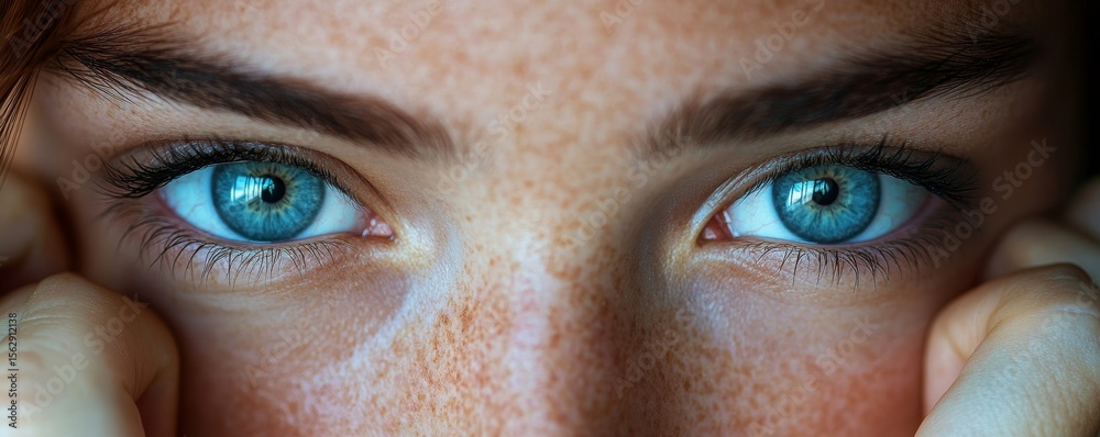 Naklejka premium Optimizing vision with contact lenses, close-up of a woman inserting contact lenses into her eyes, representing improved vision through corrective measures, Generative AI