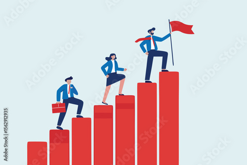 Flat illustration of business leader planting flag on top of red progress bars while team climbs steps of startup achievement 