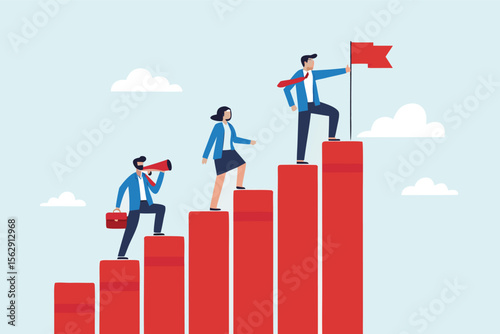 Flat illustration of business leader planting flag on top of red progress bars while team climbs steps of startup achievement 