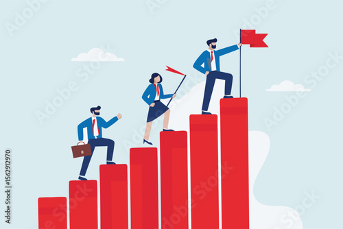 Flat illustration of business leader planting flag on top of red progress bars while team climbs steps of startup achievement 