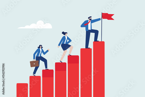 Flat illustration of business leader planting flag on top of red progress bars while team climbs steps of startup achievement 