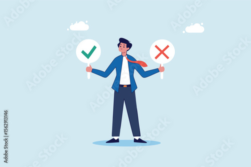 Flat illustration of businessman holding check mark and cross signs to represent decision making comparison and choosing between right and wrong 