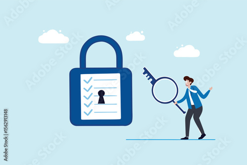 Flat illustration of businessman unlocking giant padlock made of checklist with magnifying glass key for quality control and approval verification 