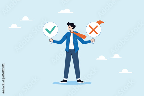 Flat illustration of businessman holding check mark and cross signs to represent decision making comparison and choosing between right and wrong 