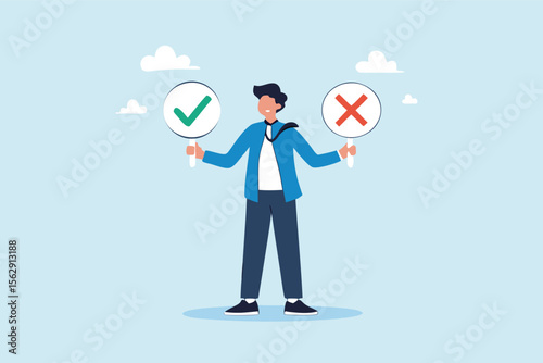 Flat illustration of businessman holding check mark and cross signs to represent decision making comparison and choosing between right and wrong 
