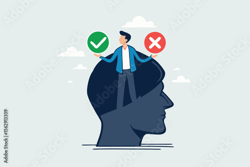 Flat illustration of businessman holding check mark and cross signs inside head silhouette representing internal dilemma, decision making and critical thinking