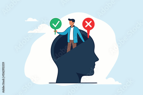 Flat illustration of businessman holding check mark and cross signs inside head silhouette representing internal dilemma, decision making and critical thinking