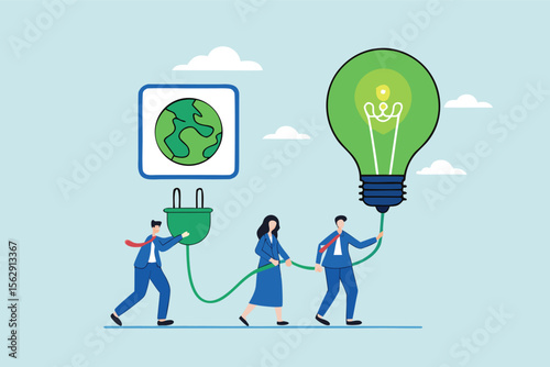 Flat illustration of employees plugging green ESG bulb into global socket representing clean energy collaboration 
