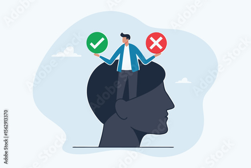 Flat illustration of businessman holding check mark and cross signs inside head silhouette representing internal dilemma, decision making and critical thinking