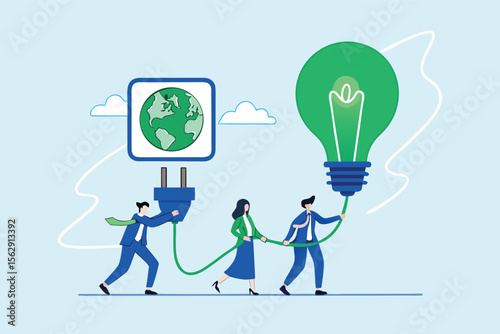 Flat illustration of employees plugging green ESG bulb into global socket representing clean energy collaboration 