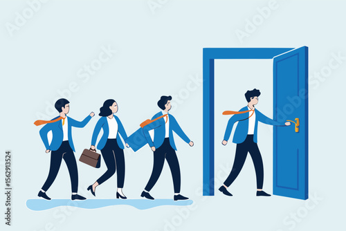 Flat illustration of business leader opening door of opportunity while team follows for collaborative success