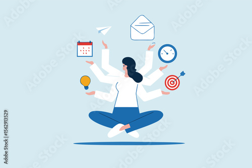 Multitasking or manage project, task or work efficiency, productivity or time management, workload balance or work responsibility concept, productive woman with multiple hands handle multitasking job
