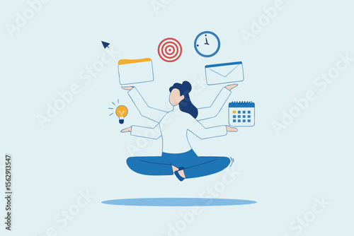 Multitasking or manage project, task or work efficiency, productivity or time management, workload balance or work responsibility concept, productive woman with multiple hands handle multitasking job