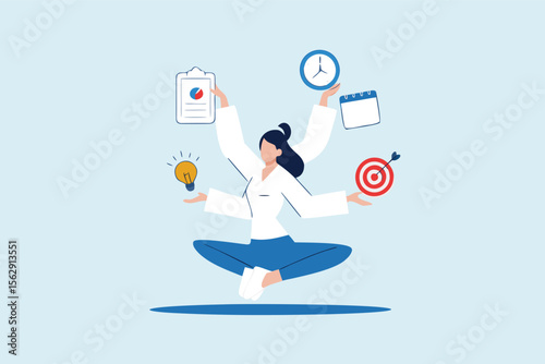 Multitasking or manage project, task or work efficiency, productivity or time management, workload balance or work responsibility concept, productive woman with multiple hands handle multitasking job