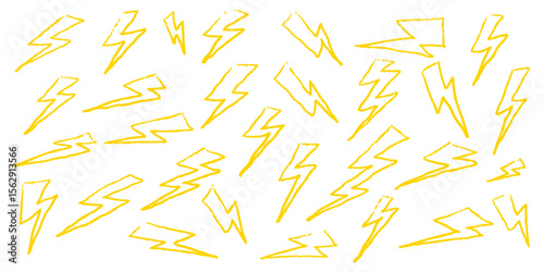 Lightning bolt illustration in crayon chalk and pencil style. Hand drawn cute thunderbolt sketch for kids. Pastel cartoon lightning with doodle lines on white background for weather design.