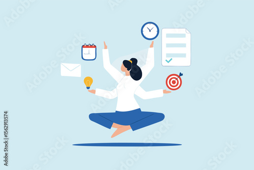 Multitasking or manage project, task or work efficiency, productivity or time management, workload balance or work responsibility concept, productive woman with multiple hands handle multitasking job