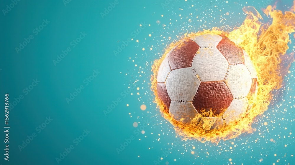 Naklejka premium Fiery soccer soaring, ball engulfed in flames against teal backdrop, sparking dynamic sports imagery