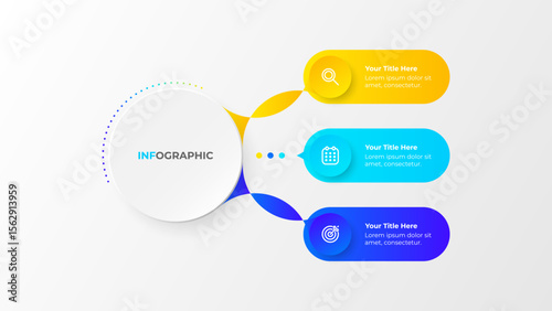 Modern creative 3 step infographic design with large white circle. Business process with marketing icons and colorful layout. Vector illustration.