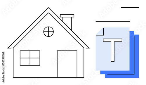 House outline with chimney, circular and square windows, document stack with text. Ideal for real estate, home design, architecture, documentation, files, minimalism simple landing page