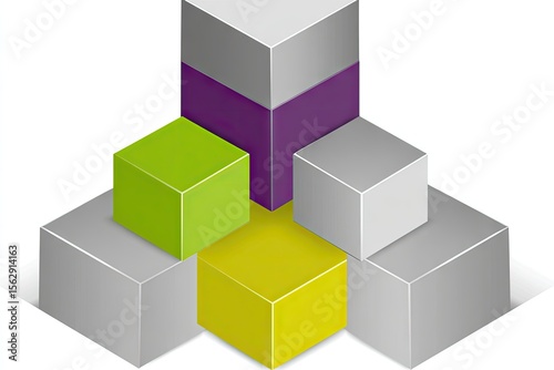 Multi-colored 3D cubes arranged in a pyramid shape.  Geometric design with light gray, lime green, gold, and purple cubes, forming a tiered structure.  Soft shadows suggest depth