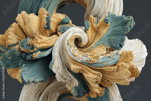 Abstract swirling forms in muted earth tones and teal.  Complex, textured, and organic shapes intertwine in a dynamic composition