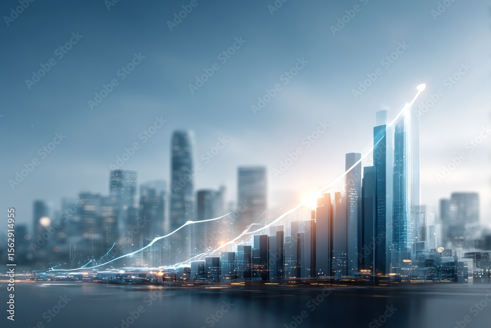 Obraz premium City skyline with upward trend graph