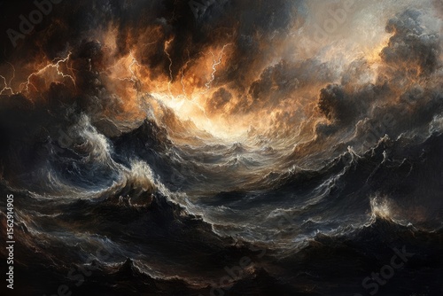 Dramatic stormy sea, violent waves, fiery sky,  divine chaos