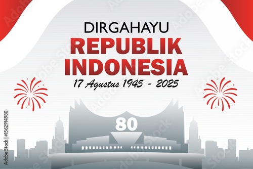 80th anniversary of Indonesia Independence Day celebration on August 17, with the silhouette of Istana Garuda. Dirgahayu 80 tahun republik indonesia background. 17 Agustus 2025 banner.