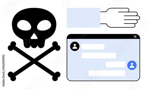 Skull and crossbones paired with interaction block, user chat window. Ideal for cyber threat, online security, fraud prevention, user safety, data breach, phishing alert, simple landing page