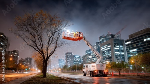 City street at night with aerial work platform