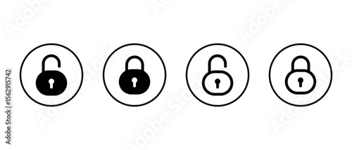 Unlock and lock icon set inside circular outline. Security padlock symbol. Data protection sign
