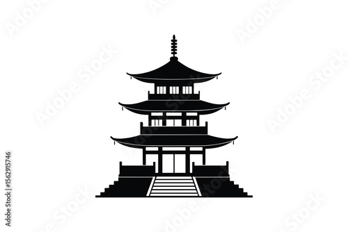Traditional Japanese Pagoda Temple in Black and White Silhouette