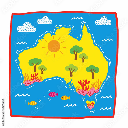Illustration of Australian map with scenery, featuring a sunny day.