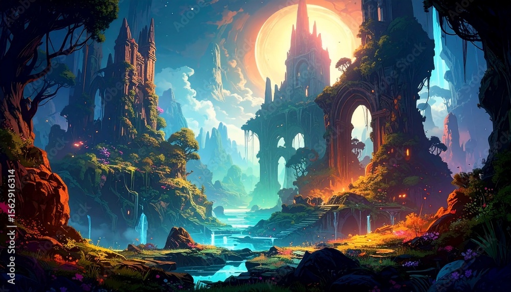 Fototapeta premium Enchanted Ruins: A Fantasy Landscape