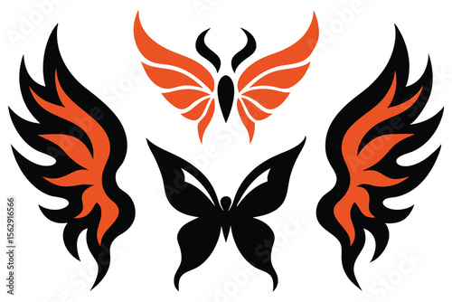 set of style neo tribal tattoos, wings, fire flame silhouettes, grunge metal illustrations, butterflies vector design