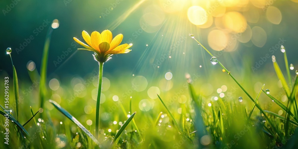 Obraz premium Golden Hour Bloom A Single Yellow Wildflower Basking in the Morning Sun's Rays, Dew-Kissed Blades of Grass Surround It, Creating a Serene Natural Scene