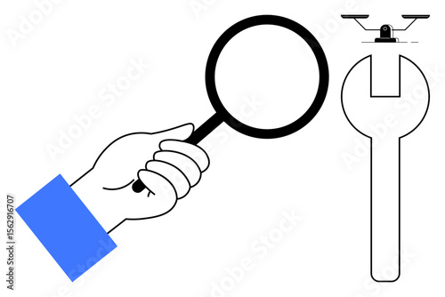 Hand with magnifying glass closely examines drone with a wrench, emphasizing repair, inspection, and innovation. Ideal for technology, engineering, diagnosis, tools, development solutions