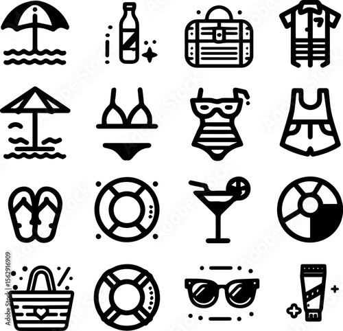 Vacation icons including beach, swimwear, drinks, and accessories  