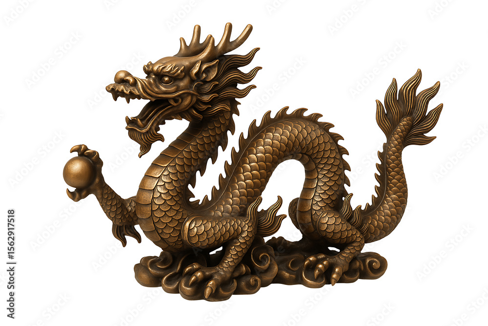 Obraz premium Bronze chinese dragon sculpture isolated on transparent background