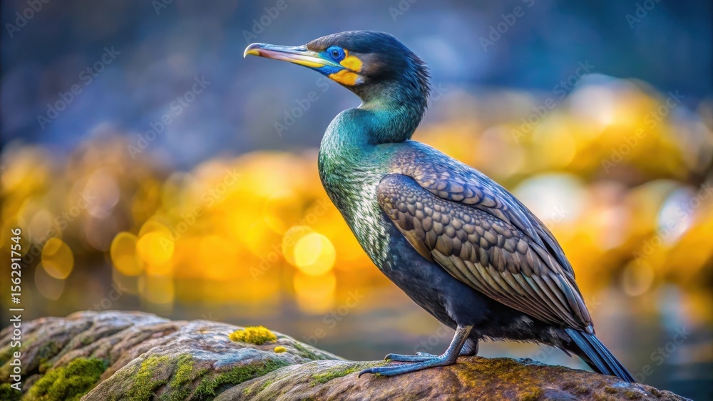 Fototapeta premium A Vibrant Coastal Bird Perched on a Mossy Rock, Bathed in Golden Sunlight