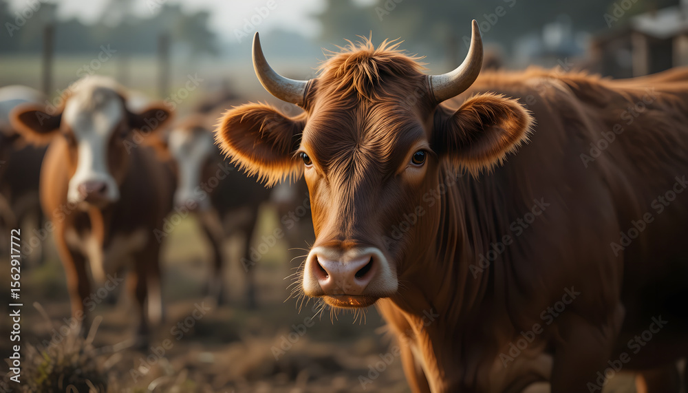 Naklejka premium Brown cow with a glowing jar, set against a blurred background of other cows in a farm environment