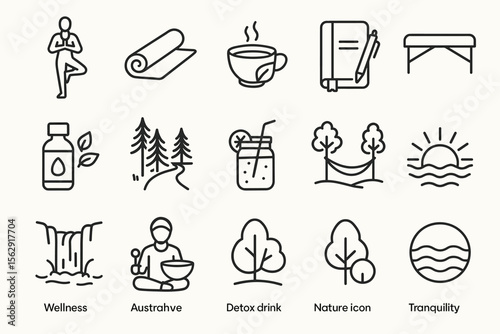 Wellness and relaxation icons featuring yoga, nature, and meditation elements
