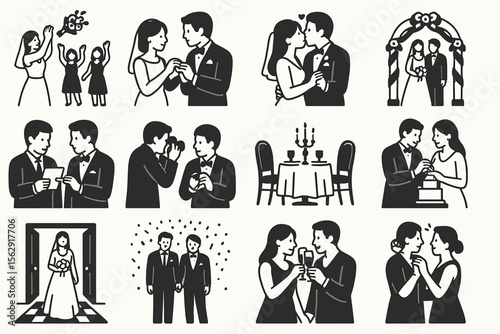 Simple wedding icon set with bride, groom, celebrations, and ceremonies