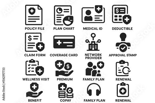 Healthcare icons: policy, plan, medical id, insurance coverage, benefits
