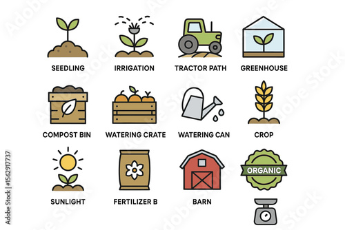 Colorful farm and gardening icons featuring plants, tools, and structures