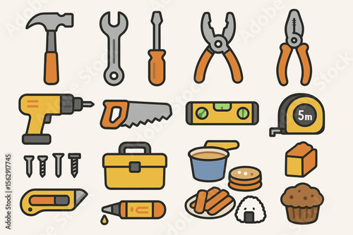 Colorful assorted tools and food icons set